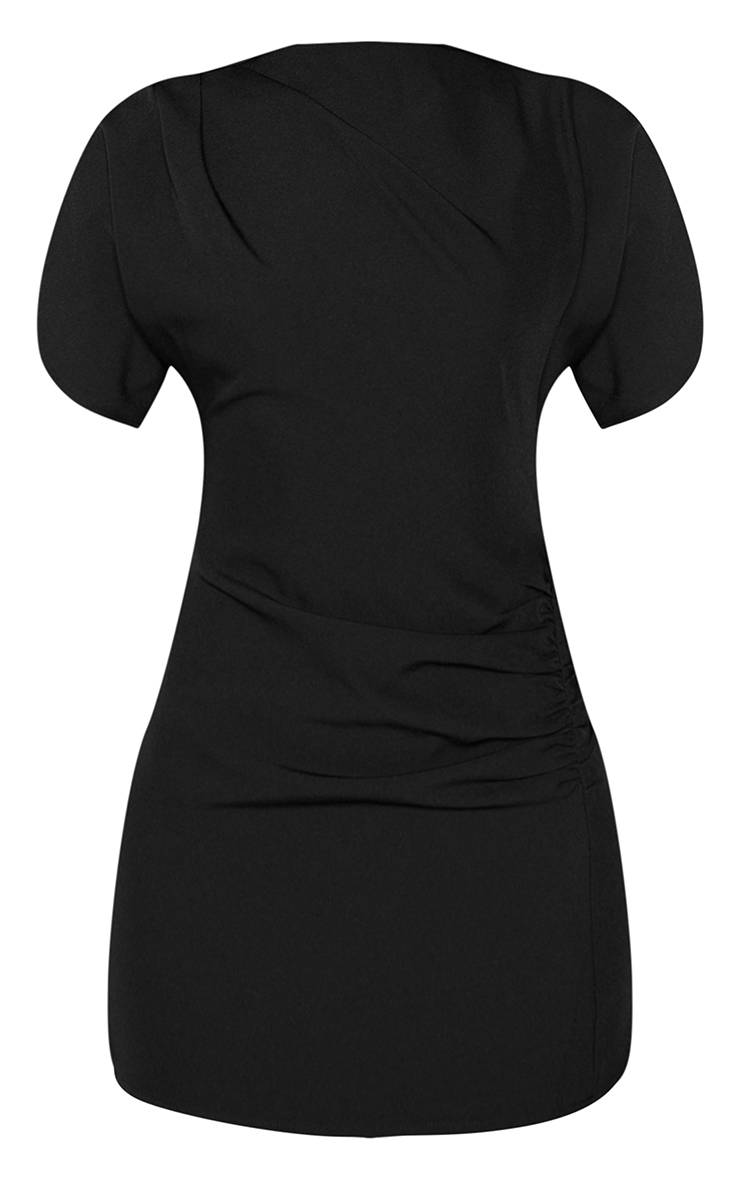 Noir Robe Droite Courte À Manches Courtes En Tissu Tissé