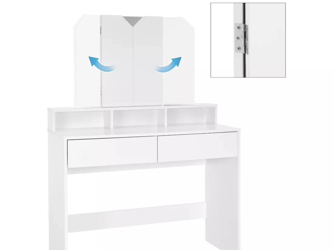 Coiffeuse avec miroir pliable moderne table de maquillage en MDF avec 2 tiroirs
