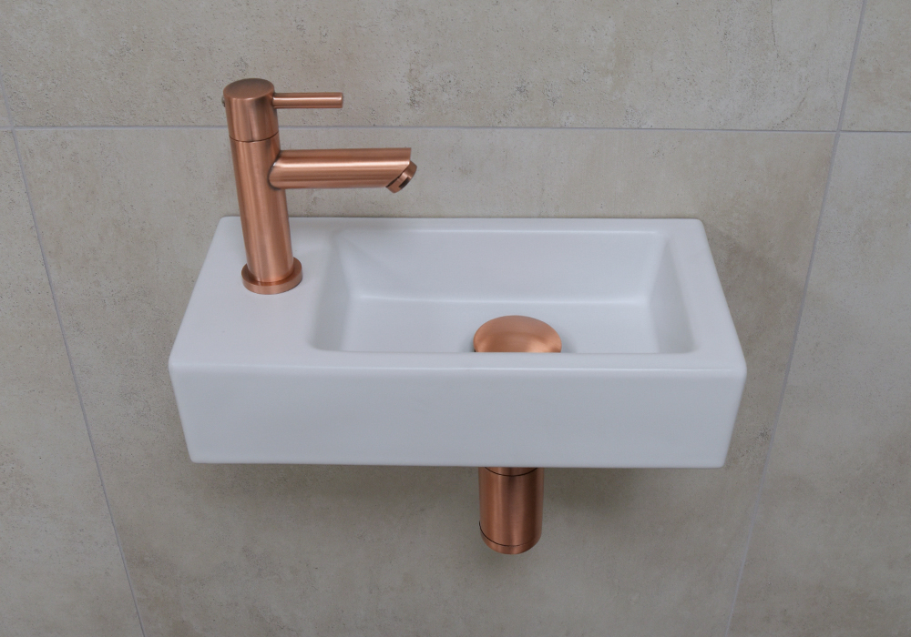 Mueller Mini Rhea 36x18x9cm fonteinset mat wit met koperen kraan links