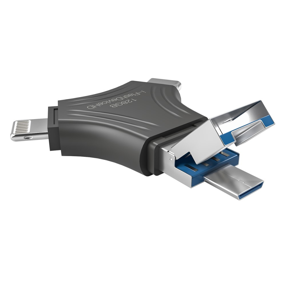 (128GB) 4in1 USB Lightning / Micro USB / USB C / USB A Speicher Stick Flash Drive für Smartphones / Tablets / Computer - Schwarz