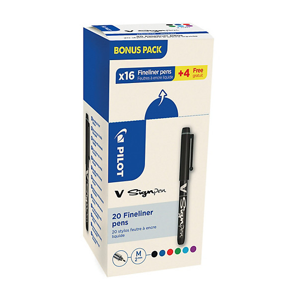 Pilot V-Sign Pen Stylo feutre à capuchon pointe moyenne 2 mm couleurs assorties - Lot de 16 + 4 OFFERTS