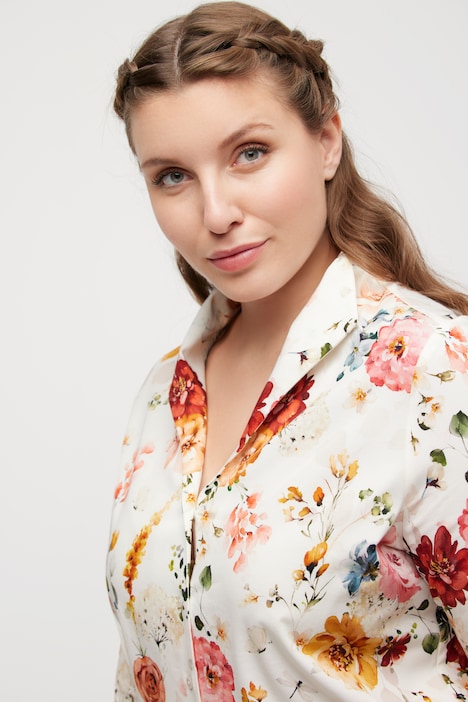 Bluse, Blumen, Kelchkragen, V-Ausschnitt, Langarm