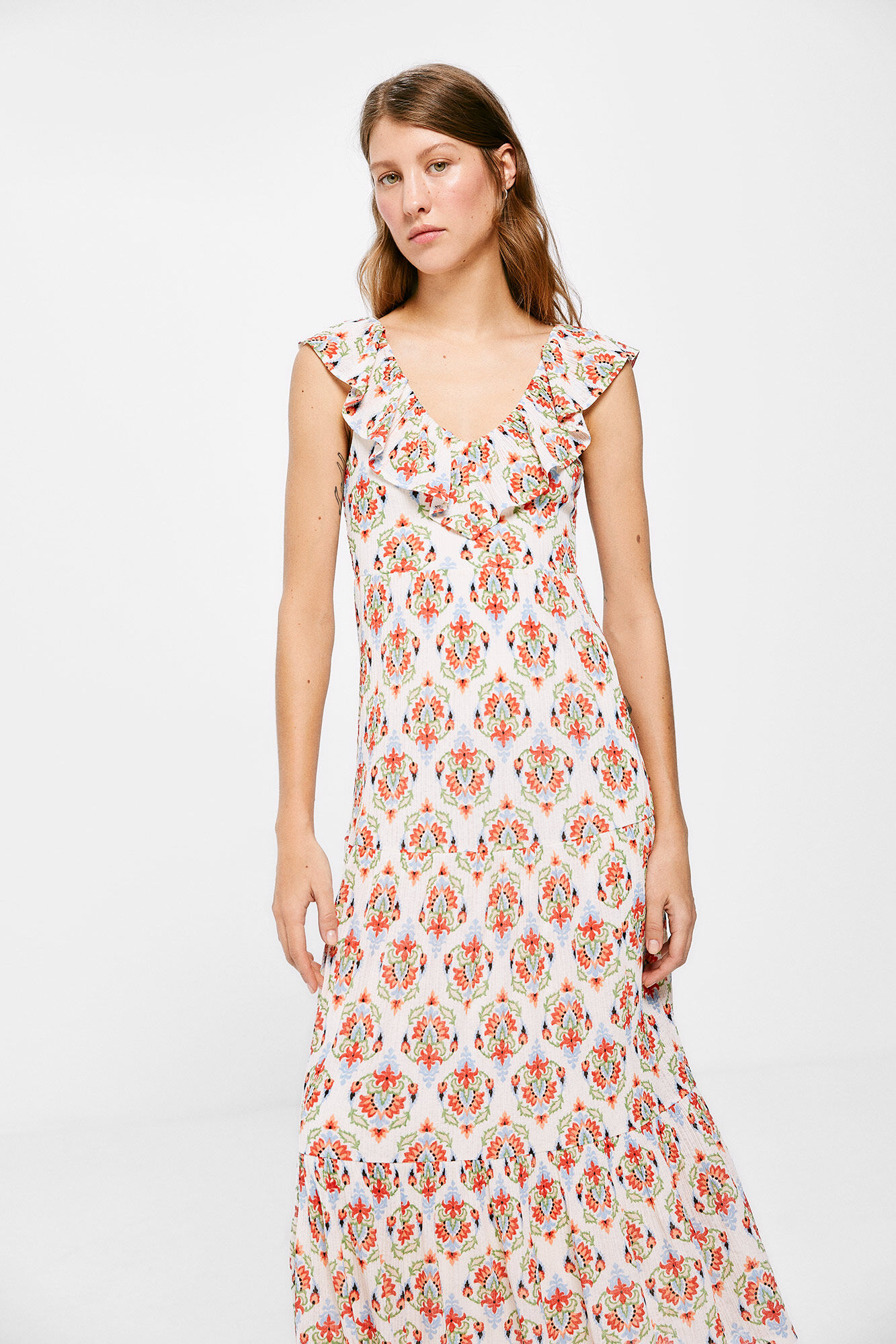 Vestido midi com painel estampado - Amarelo