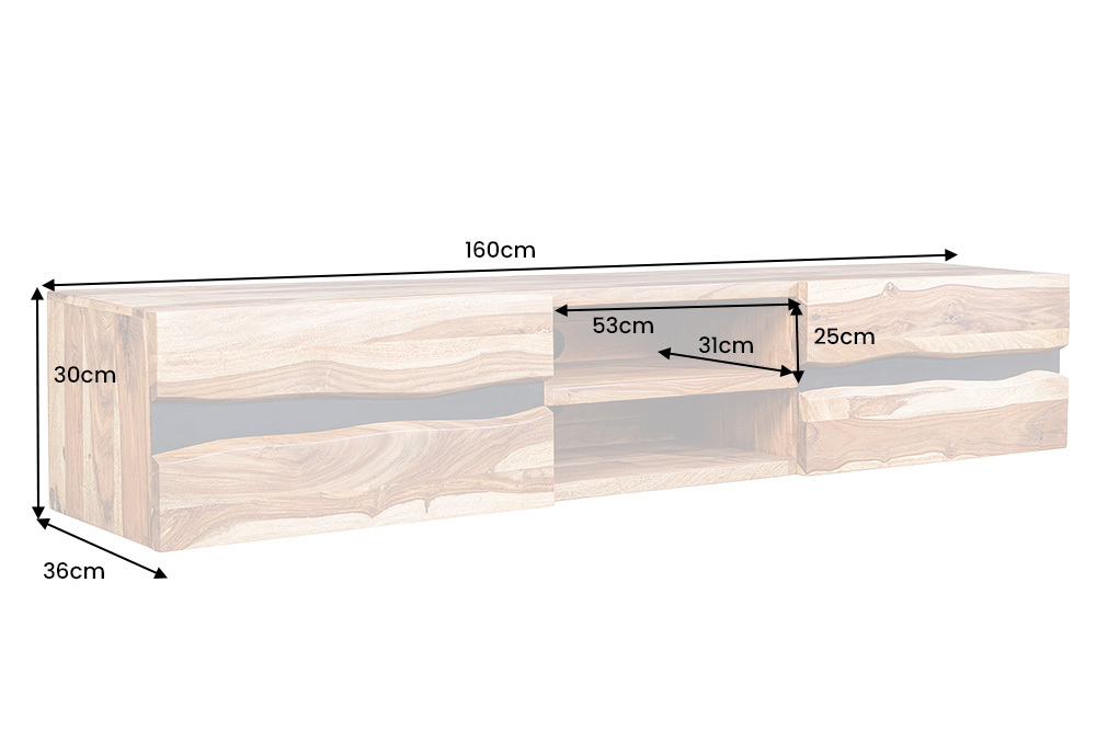 Hängendes TV-Lowboard AMAZONAS 160cm braun Sheesham Massivholz Baumkante Metall schwarz