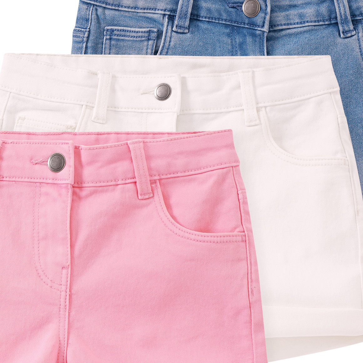 Famy 3 Mädchen Jeansshorts im Five-Pocket-Style rosa / weiss / blau