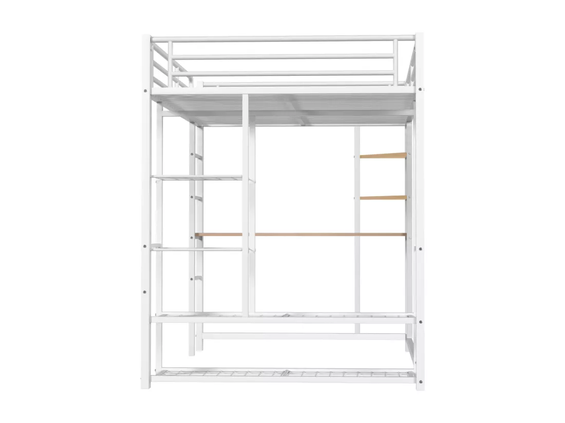 Lit mezzanine lit en fer/ lit en métal 140*200cm lit simple enfant avec compartiment de rangement table et sommier à lattes, blanc