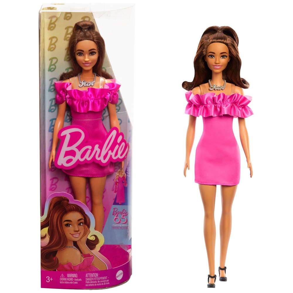 Barbie Fashionista Puppe mit braunem, gewelltem Haar und rosa Rüschenkleid