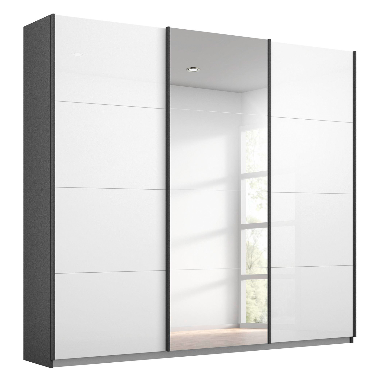 Schwebetürenschrank - weiß Hochglanz - grau metallic- mit Spiegel - 203x210 cm