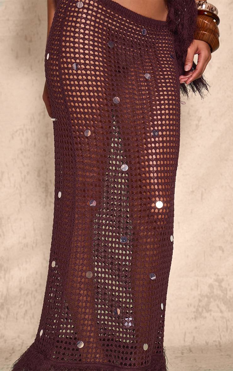 Chocolat Jupe Maxi À Franges En Maille Sequins