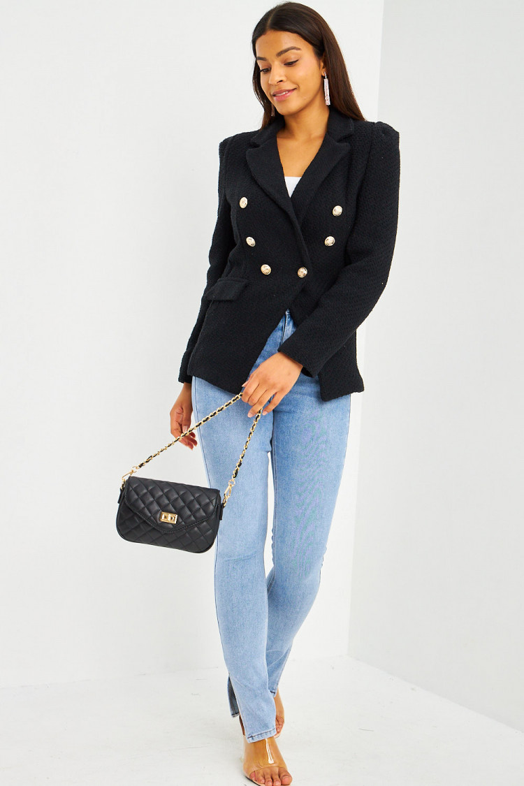 Blazer noir aspect tweed boutons perles