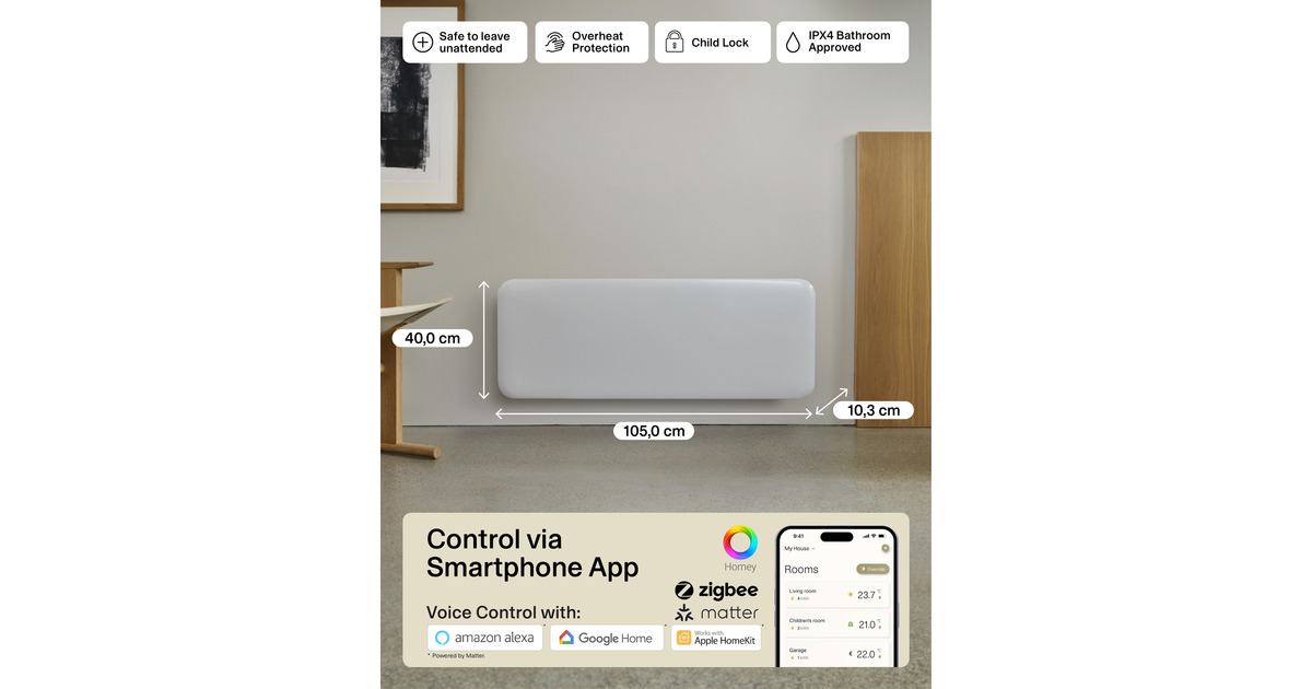 MillSteel WiFi paneelverwarming PA2000WIFI4, 2000 Watt convector  (Wit, wifi 2,4 GHz (wifi 6), Bluetooth 5.2, Zigbee 3.0 + App)