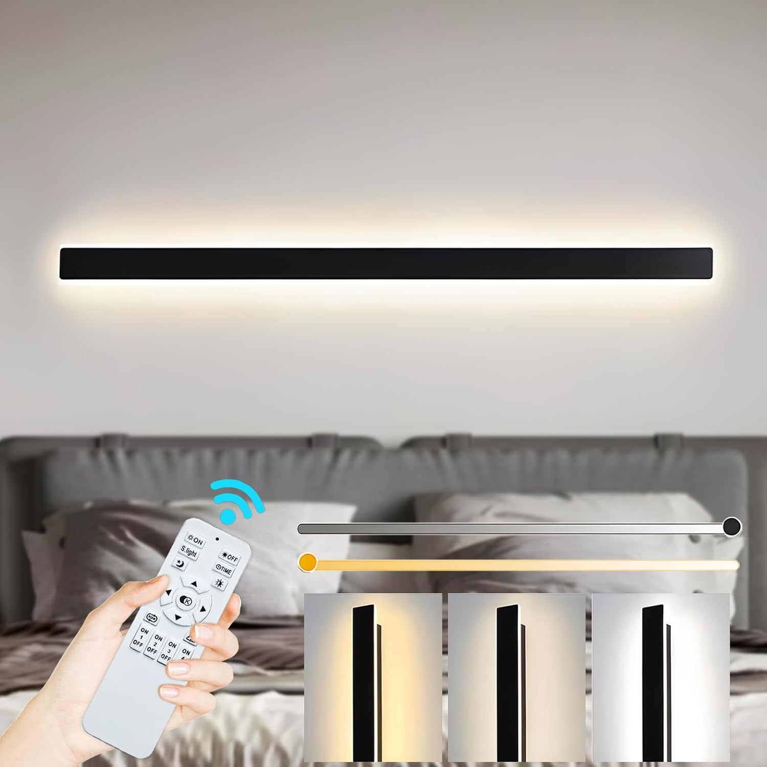 LED Wandleuchte Innen Dimmbar,38W Wandlampe mit Fernbedienung 2.4GHz,10-100% Helligkeitseinstellung Wandleuchte Schwarz für Schlafzimmer Wohnzimmer Korridor Treppenhaus,100CM 110-240V