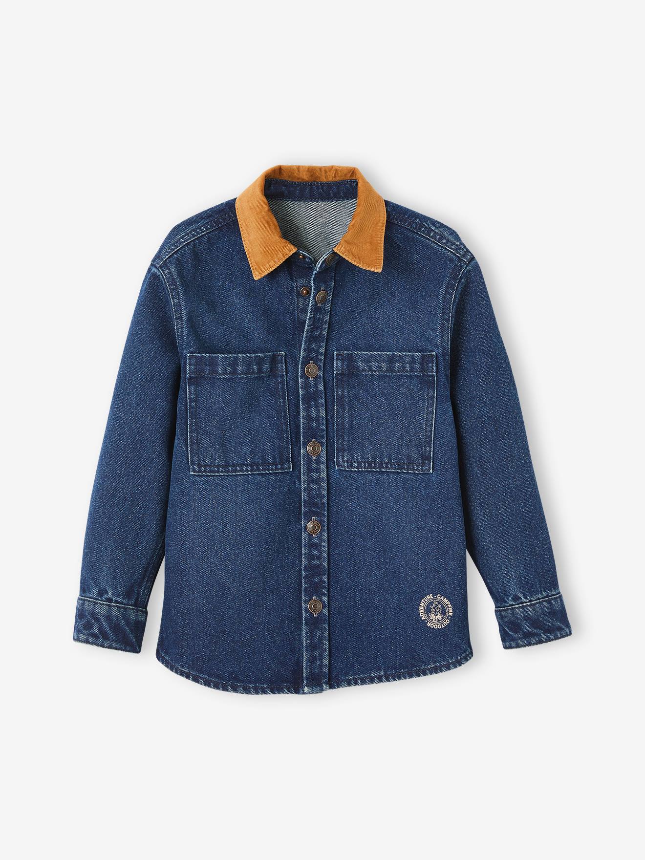 Sobretudo jeans azul escuro liso com gola de veludo para meninos