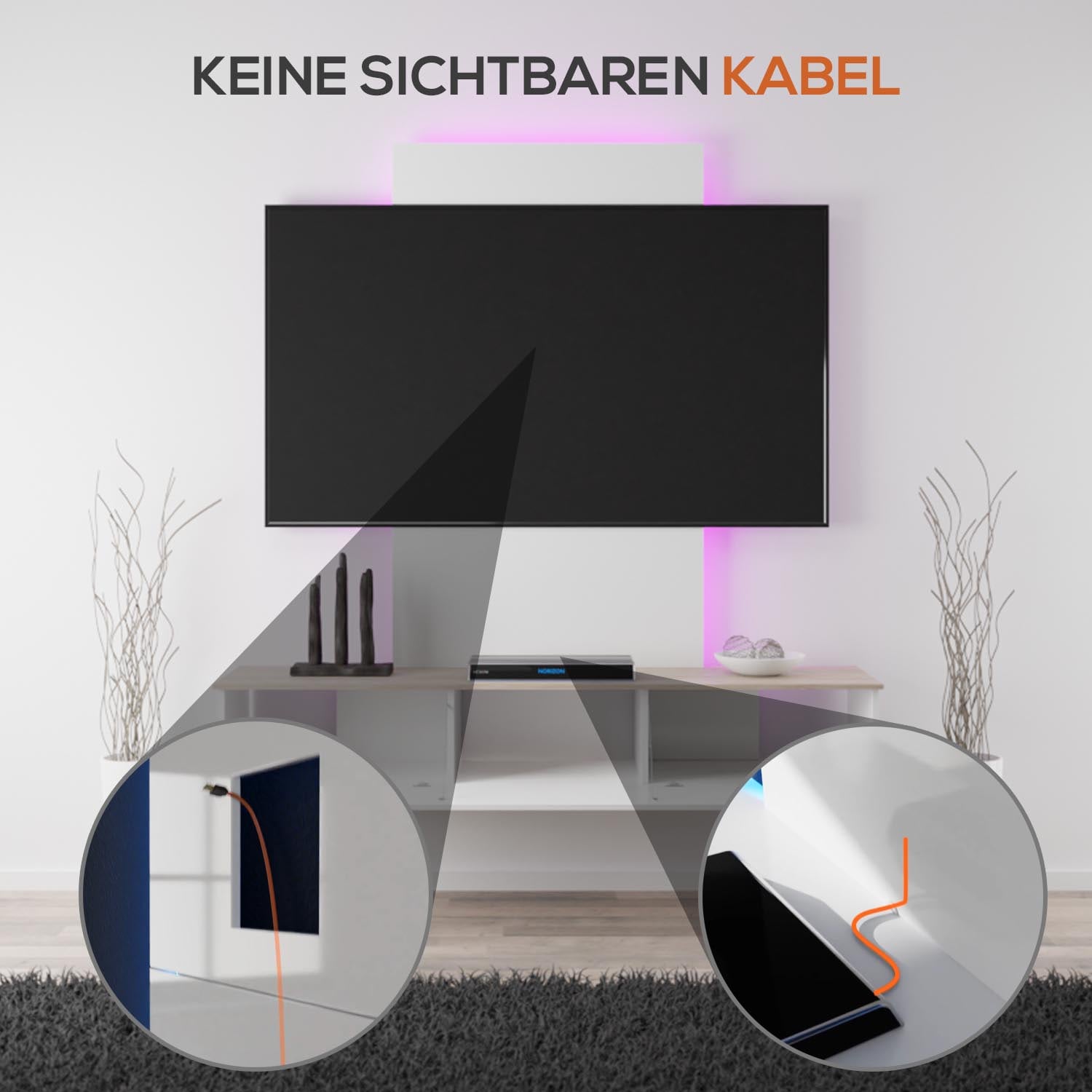 TroniTechnik® TV Board Lowboard Möbel Schrank Unterschrank Weiß Hochglanz VELAN, mit LED, gegen Kabelsalat, Melamin