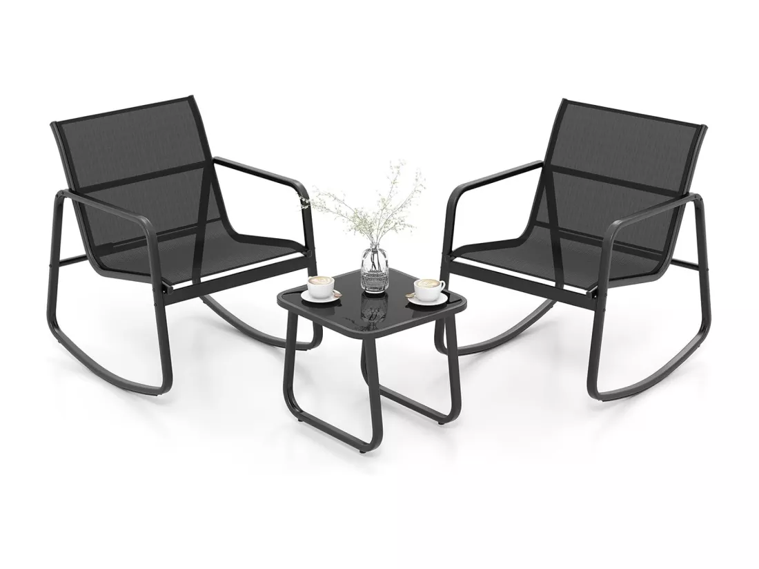 Salon de Jardin 3 Pièces avec Chaises à Bascule Table en Verre, Ensemble de Meuble Extérieur 2 Fauteuils Cadre Métallique Charge 150KG, pour Porche Bord de Piscine Balcon