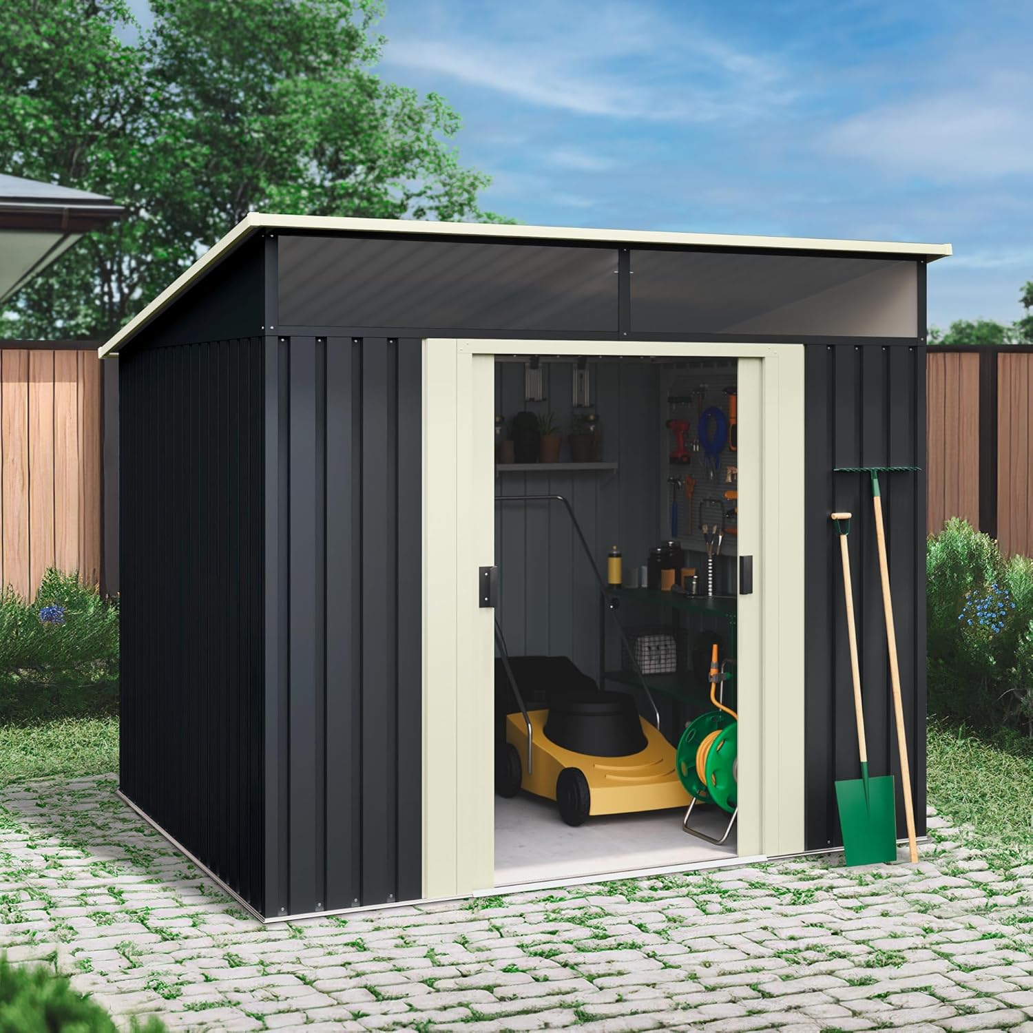 Wasabi - Gartenhaus Metall 5,6m2 Stark – 239x236x203cm - Oberlicht - Doppelte Schiebetür – Anthrazitgrau – Geräteschuppen XL – Gerätehaus Outdoor Wetterfest
