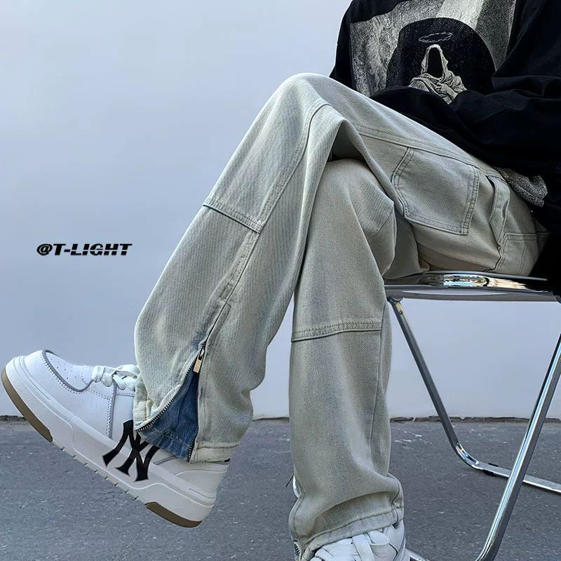 WidoWilder - Mid Rise Washed Panel Zip Slit Straight Leg Jeans