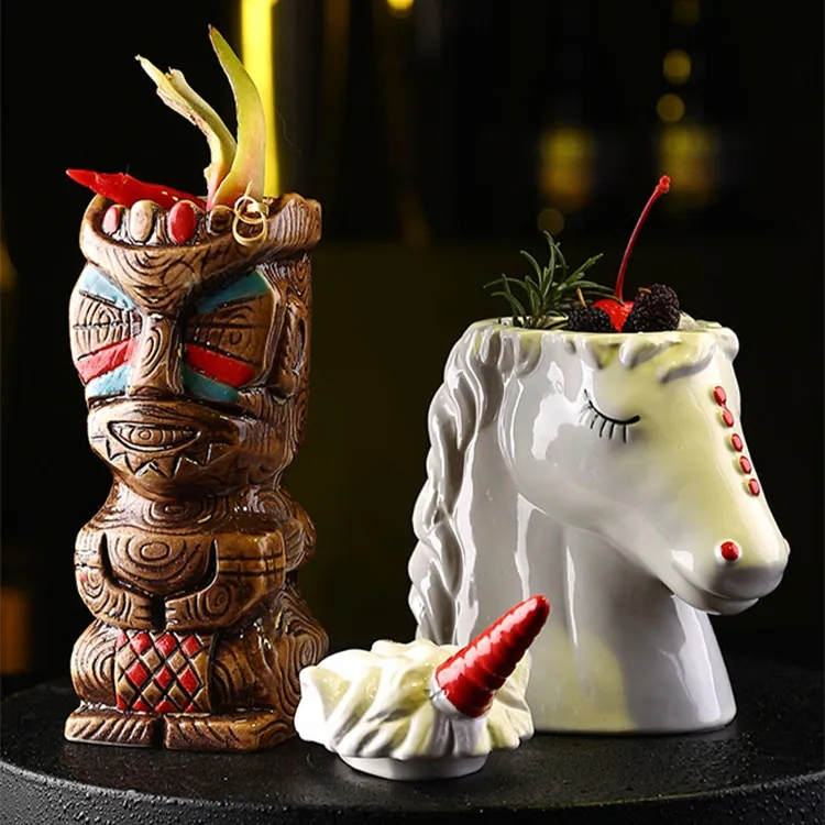 (450ml) 2in1 Keramik Sommer Party Becher Tiki Getränke Cup Deko Vase in Holz Optik - Maya Chief