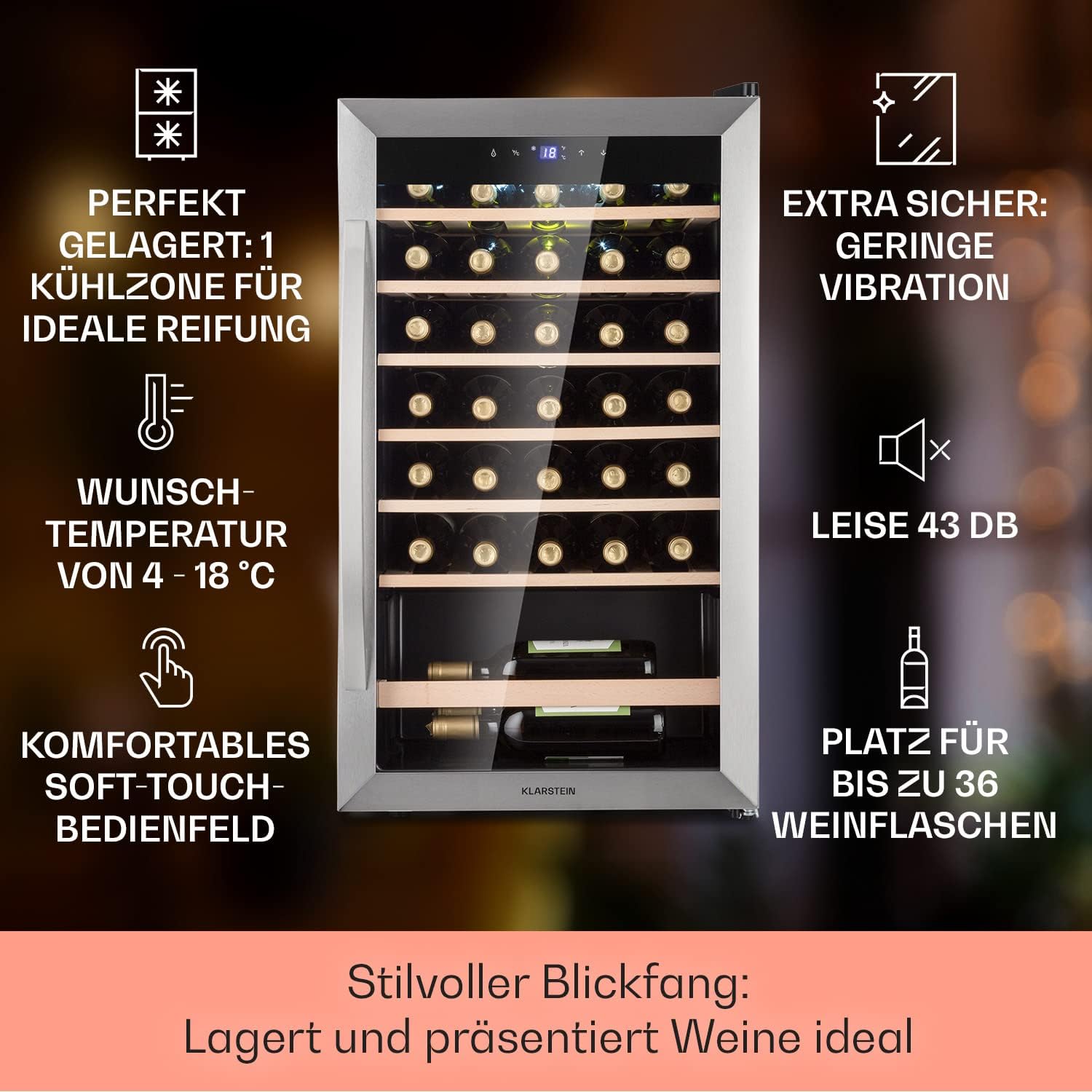 Klarstein Weinkühlschrank, Getränkekühlschrank Schmal, Kühlschrank mit Glastür, Getränkekühlschränke Freistehend, Weinkühlschrank Klein, Weinkühlschränke 1 Zone, LED-Beleuchtung, 4-18 °C, 36 Flaschen