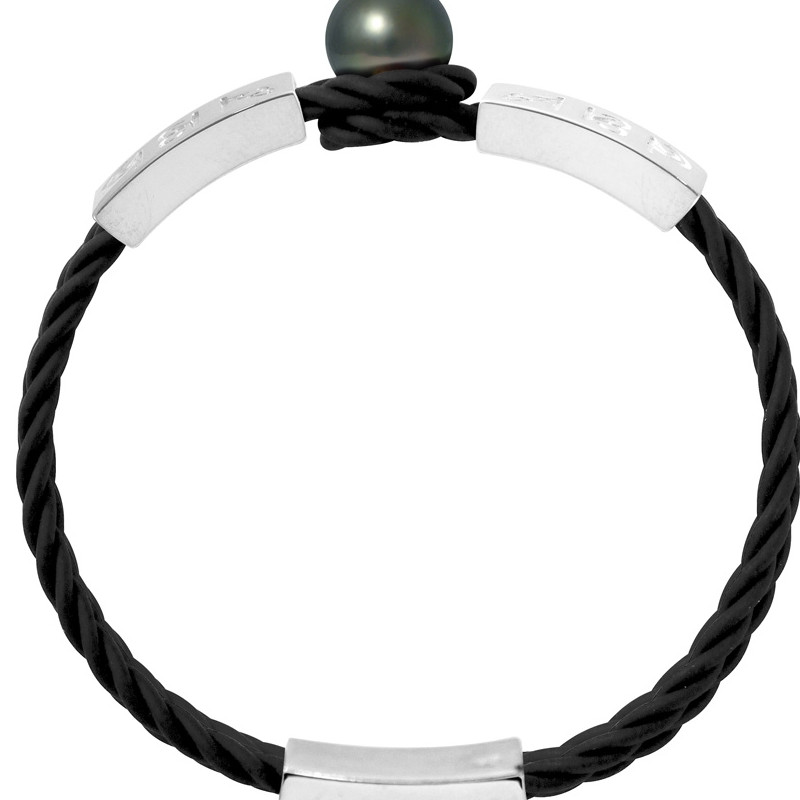 Bracelet Hiéroglyphes Egyptiens Homme-Femme Néoprène Noir Tressé, Perle de Tahiti Noire de 10 mm et Argent Massif 925/1000