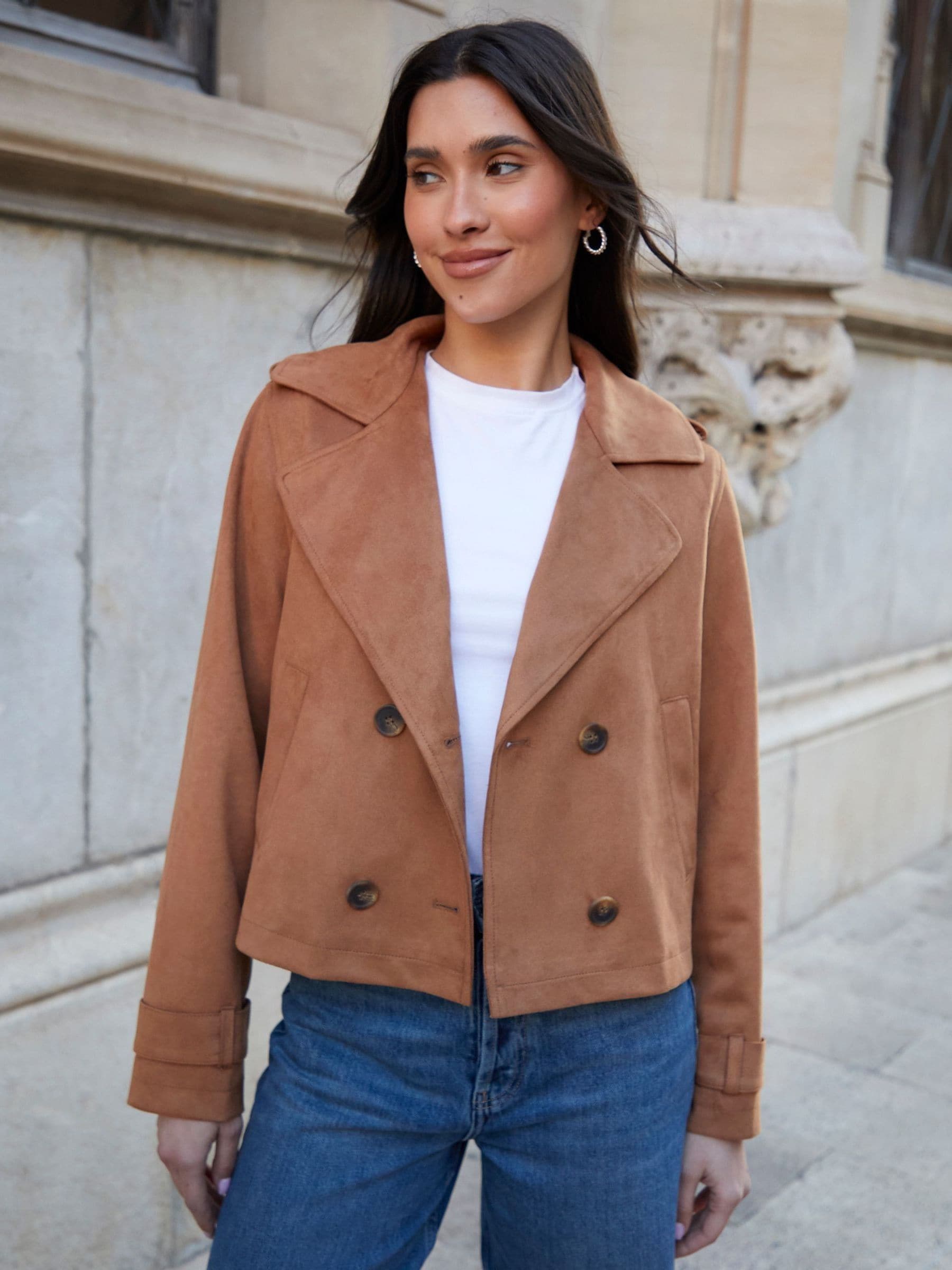 Taupe - Threadbare Suedette Cropped Trench Jacket