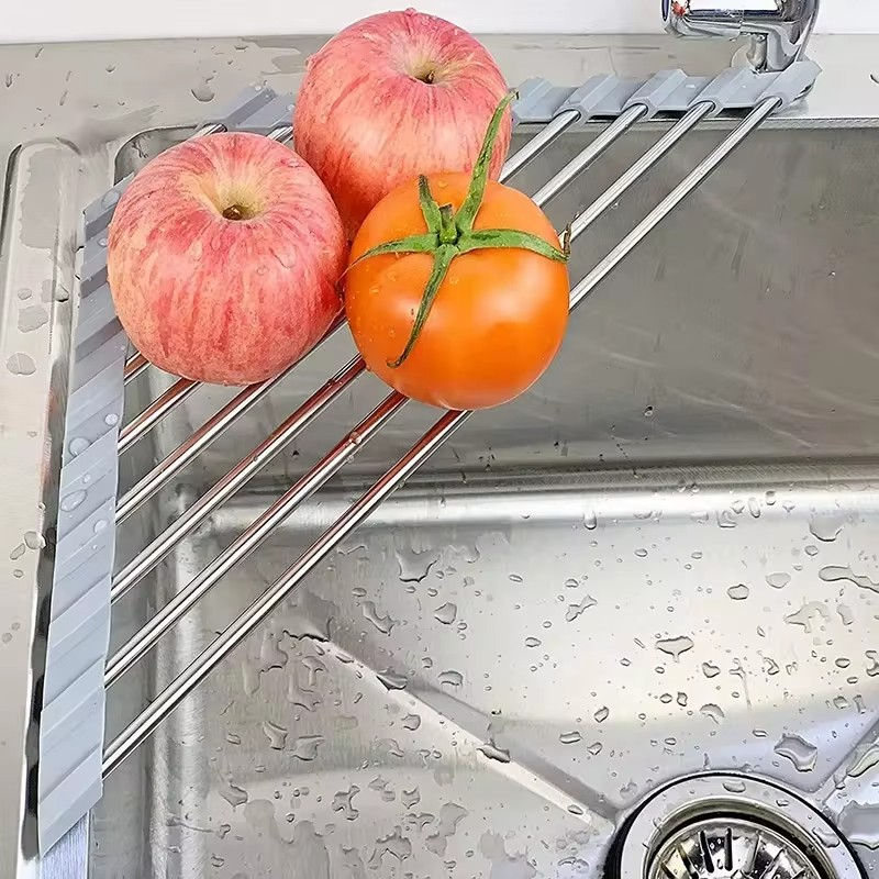 (40x16cm) Edelstahl Abtropf Gitter Spülbecken Küchensieb Anti-Rutsch Waschsieb für Geschirr / Obst / Gemüse - Grau