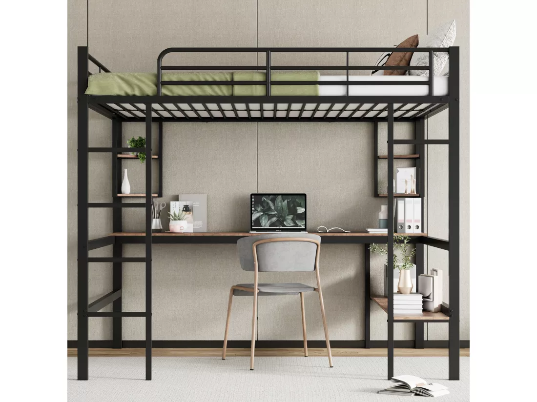 Lit mezzanine 140 x 200 cm avec bureau et étagère de rangement - métal et bois MDF - noir