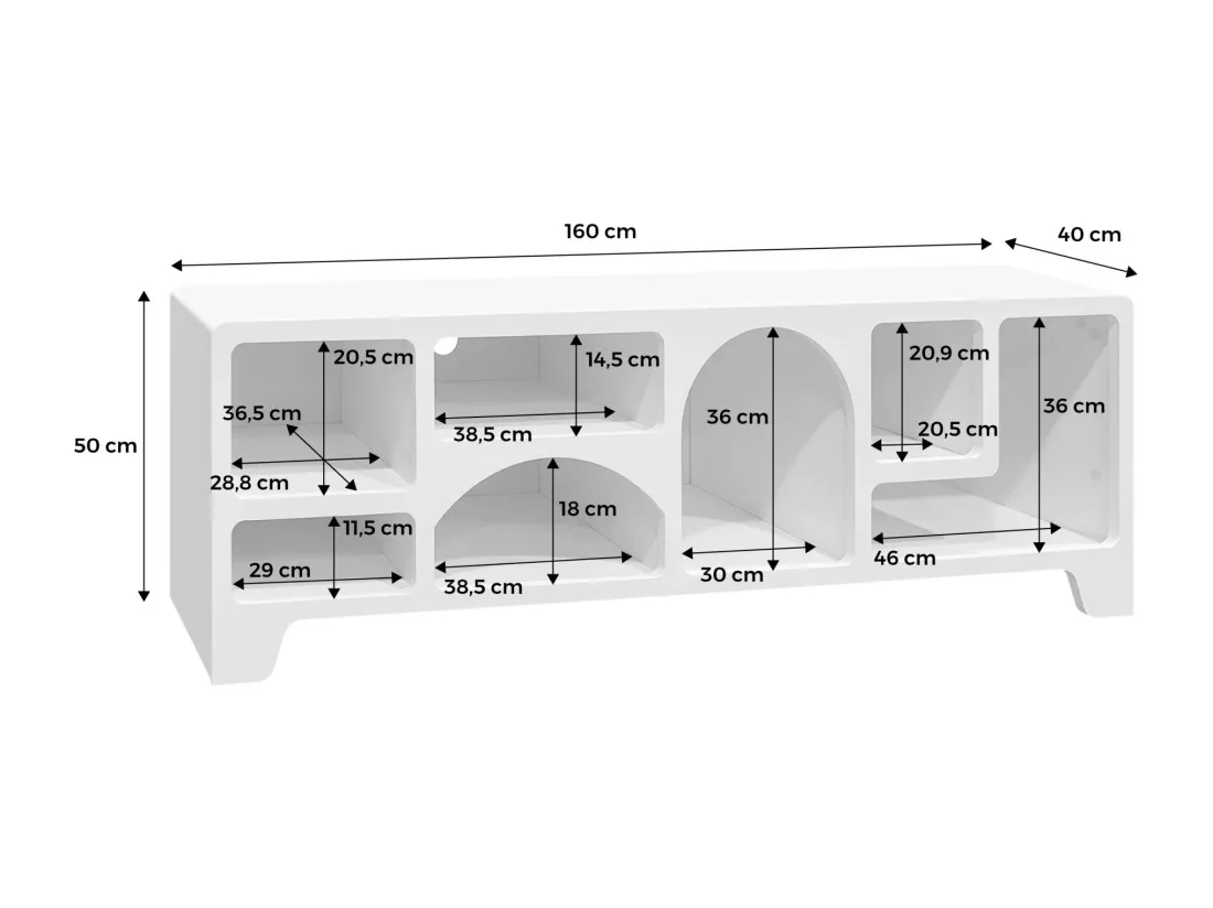 Meuble tv organique effet bois blanc 160cm avec plusieurs niches 7 compartiments de rangement L160cm