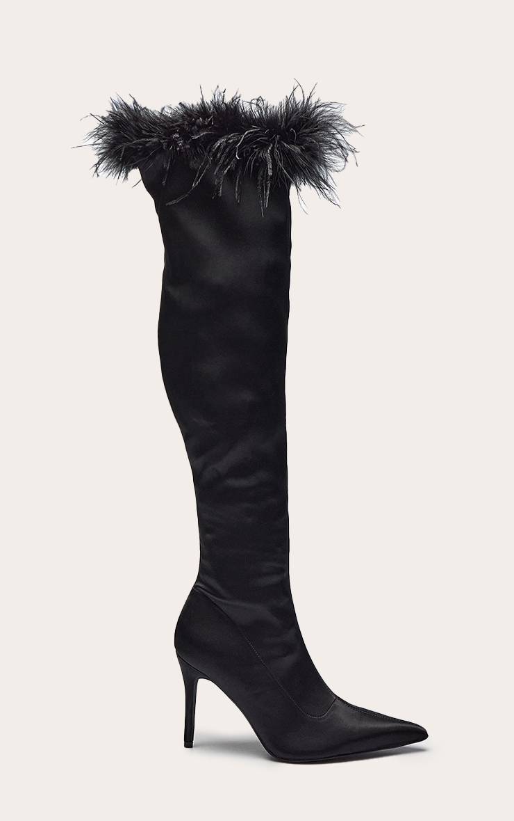 Noir Botte Haute À Talon En Satin Avec Bordure De Plumes