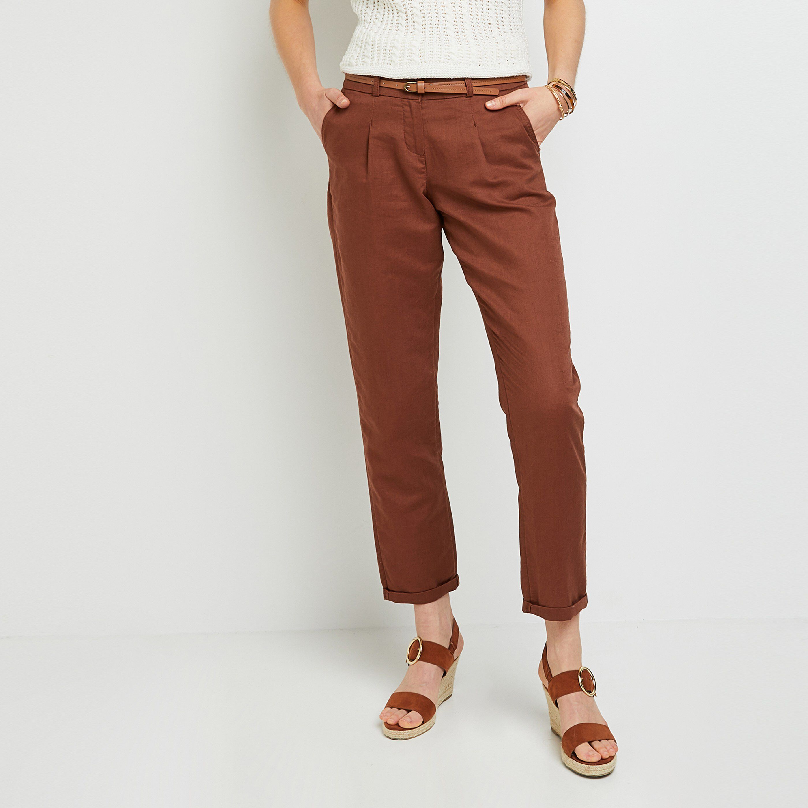 Chino lin mélangé femme - MARRON