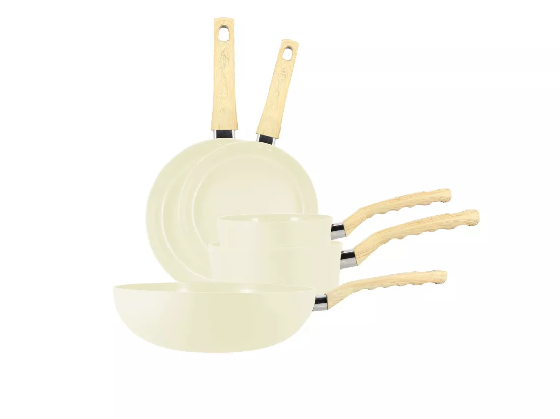 Menastyl - Set De 5 Pieces Colorama Creme - Poeles/casseroles/wok - En Aluminium - Revetement Antiadhesif En Ceramique
