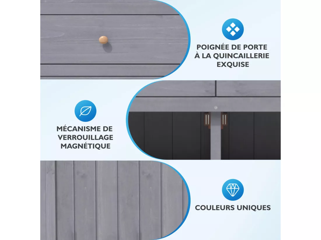 Armoire de jardin, abri de jardin en bois massif avec 2 portes, 2 tiroirs et étagère de rangement - 141.5 x 44 x 105 - Gris