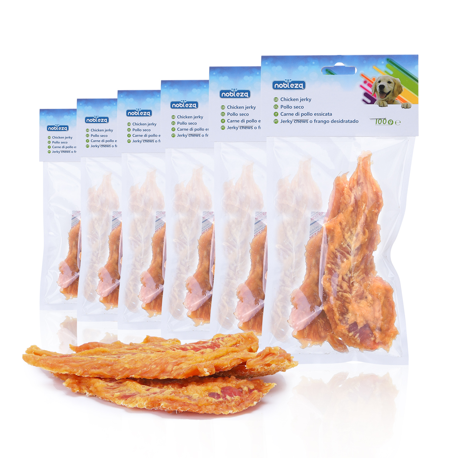 Nobleza - Petiscos para Cães, Petisco Natural com Carne Seca de Frango, Pedaços Premium de Peito de Frango, Petiscos para Treinamento de Filhotes, Pacote com 6 unidades, 600g