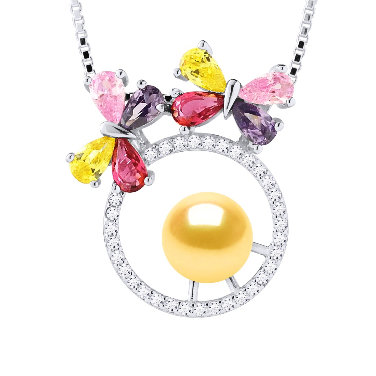Collier PAPILLONS Perle d'Eau Douce Ronde 8-9 mm Dorée Argent 925