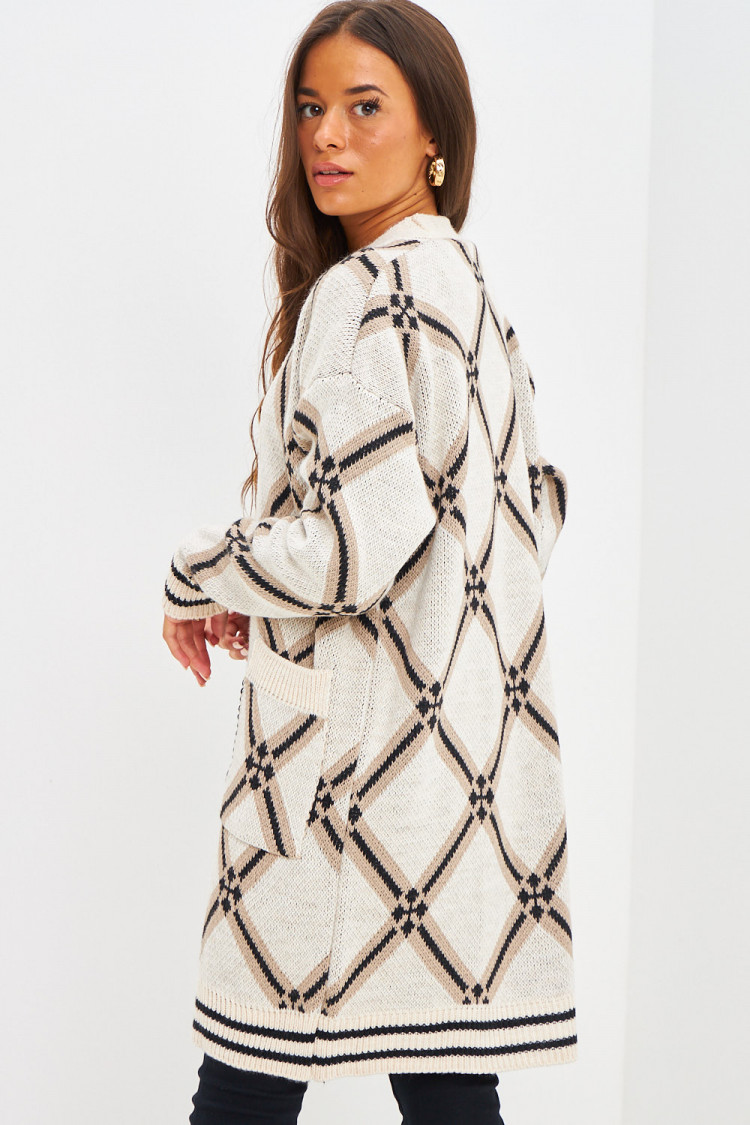 Gilet mi-long en mailles à motif losange beige