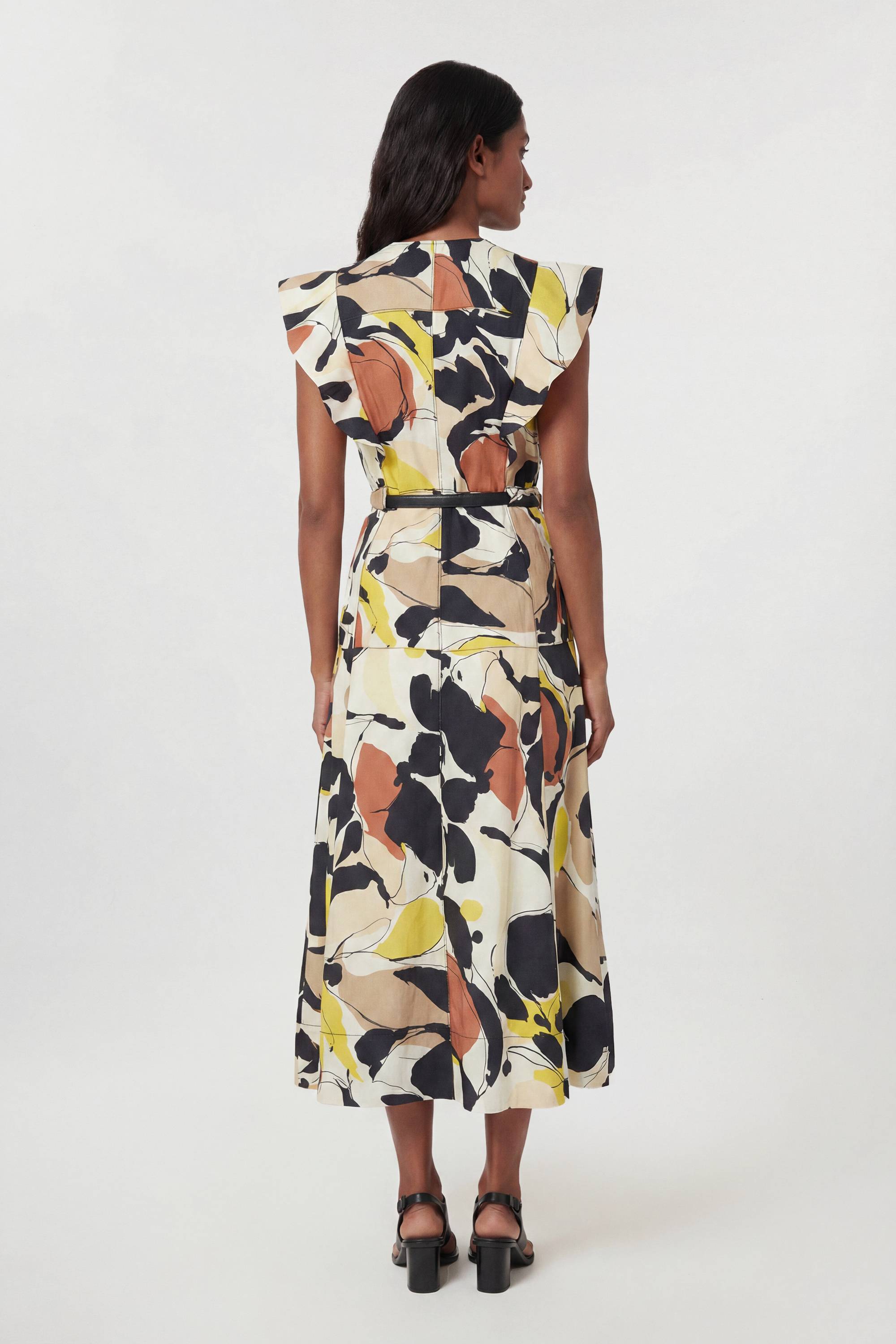KarenMillen Robe Midi Tissée À Imprimé Abstrait En Viscose Lin Avec Manches À Volants