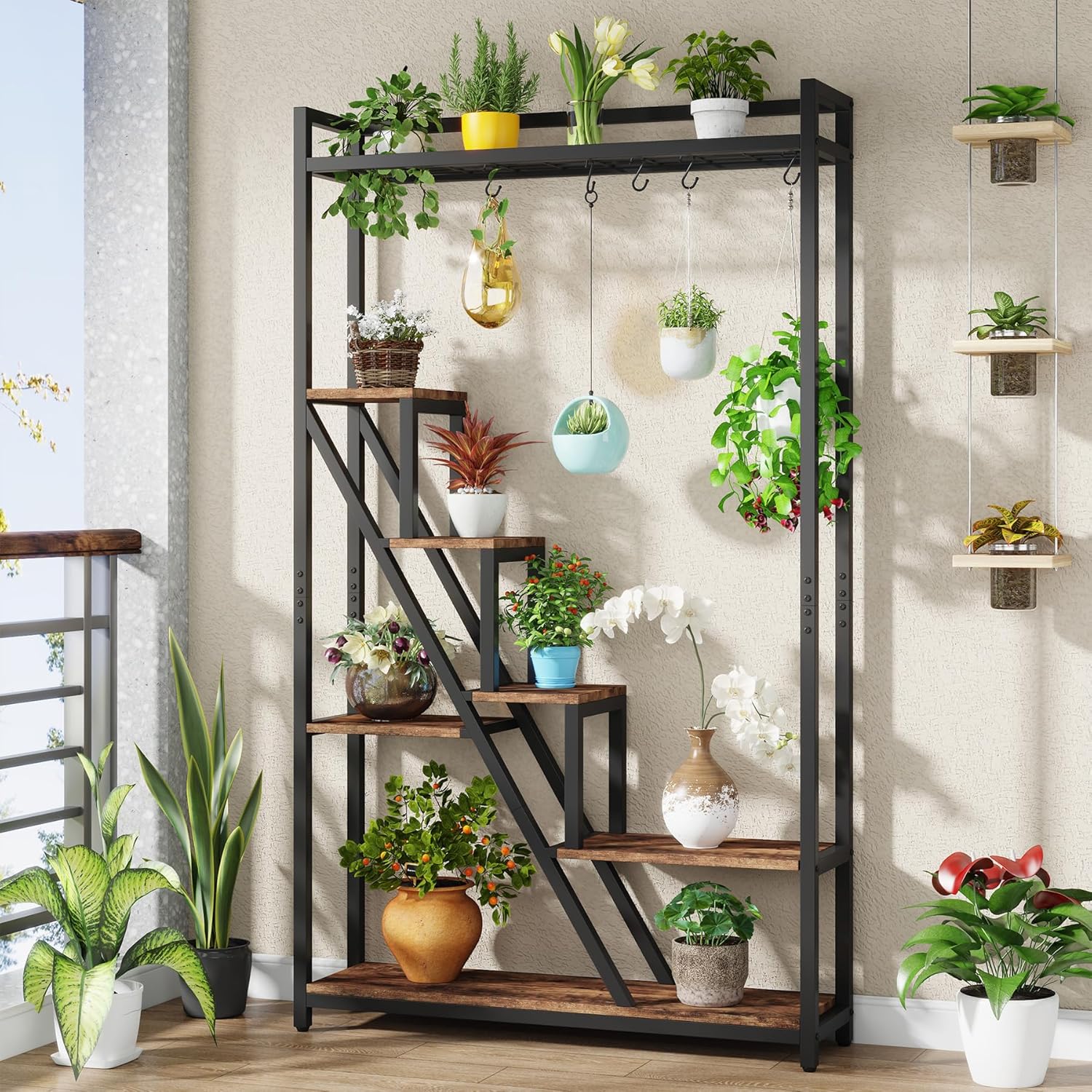 Tribesigns Blumenständer, 7 Ebenen großes Pflanzenregal mit 5 S-Haken, 180cm Hoch Pflanzenständer industrieller Blumenständer aus Holz für Indoor Balkon Boden Blumentreppe Wohzimmer (Rustikales Braun)