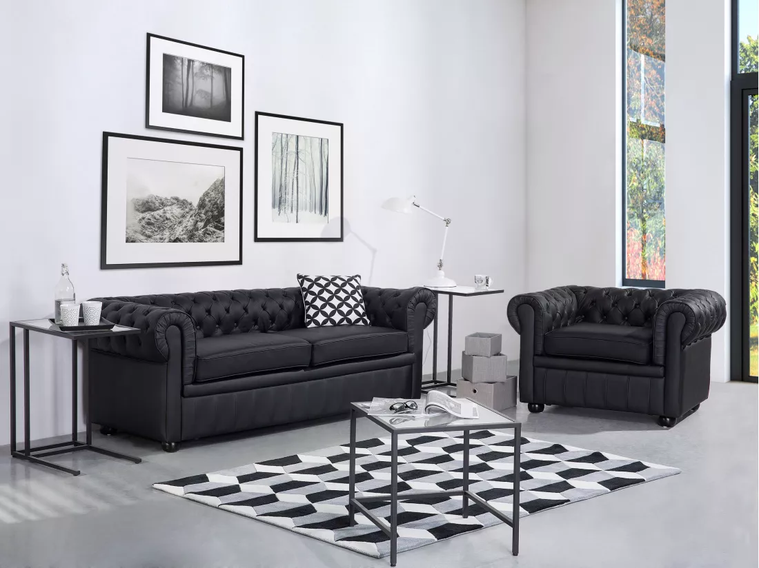 Canapé 3 places en cuir noir CHESTERFIELD