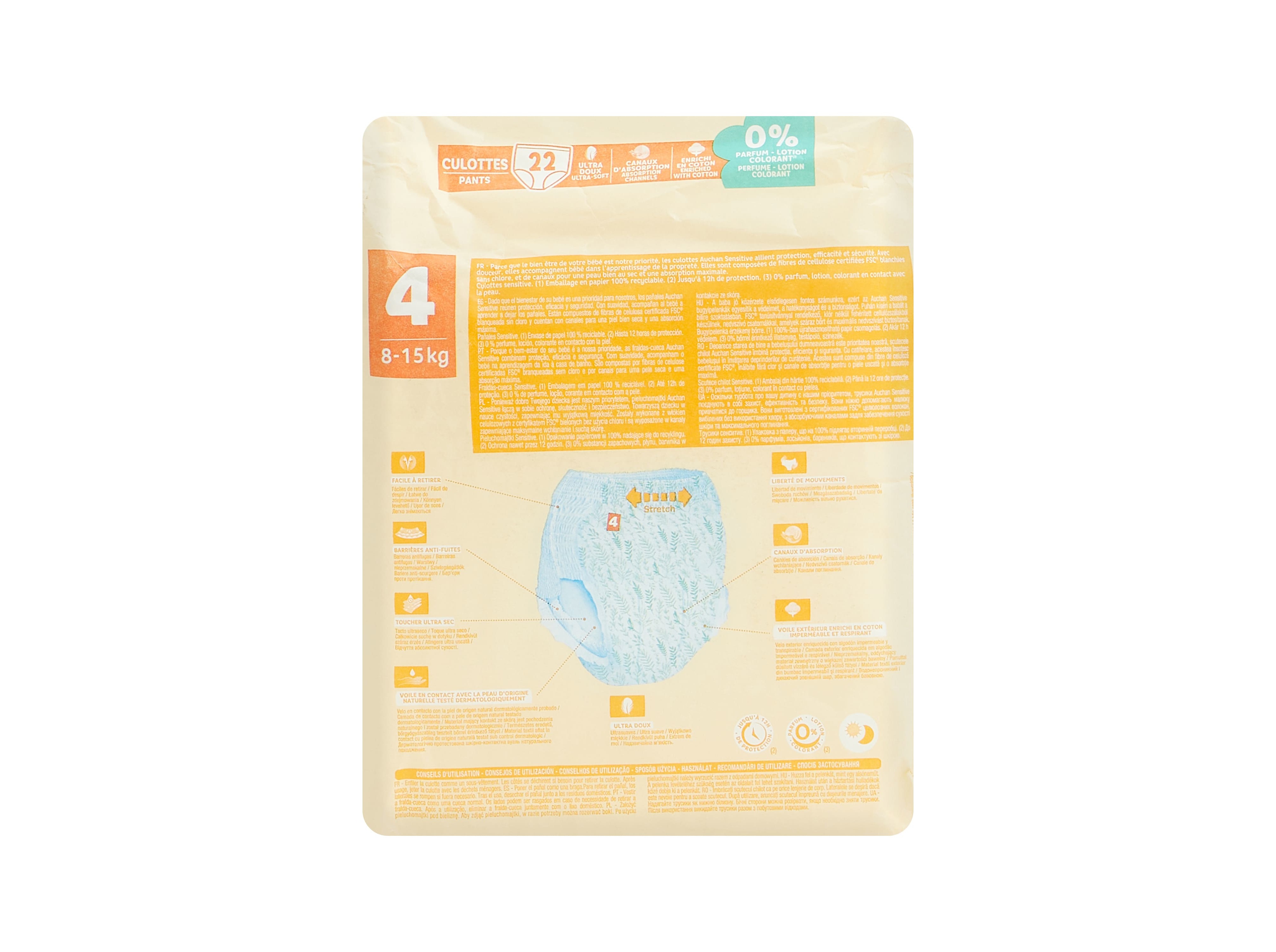 FRALDAS CUECA AUCHAN BABY SENSITIVE ECOLÓGICAS TAMANHO 4 8-15KG 22UN