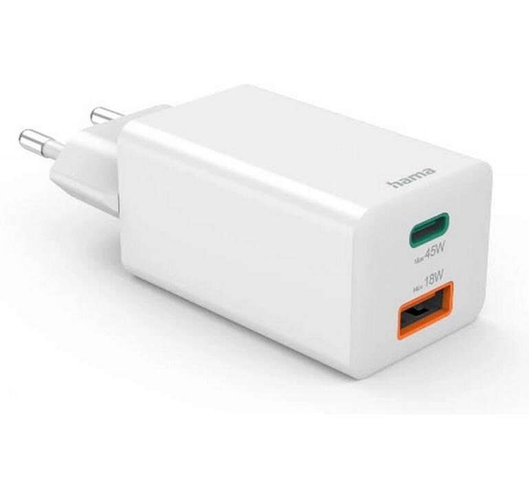 USB-Wandladegerät Gan charger USB-A USB-C 45 W WeissSchnellladegerät mit 1x USB-C und 1x USB-A