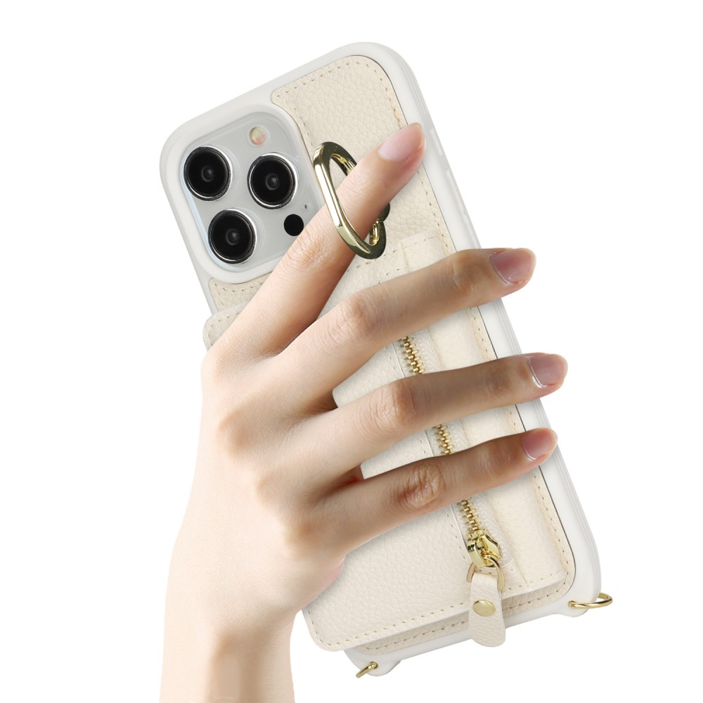 iPhone 15 Pro Necklace Leder Hülle mit Münzfach und Kartenfächer   Finger Griff Halterung   Handykette - Weiss