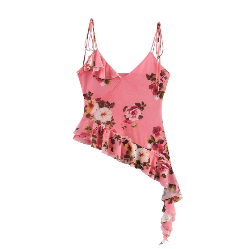 Cumulys - V-hals bloemenprint cami top met strikbandjes en asymmetrische ruches / maxi zeemeerminrok met hoge taille