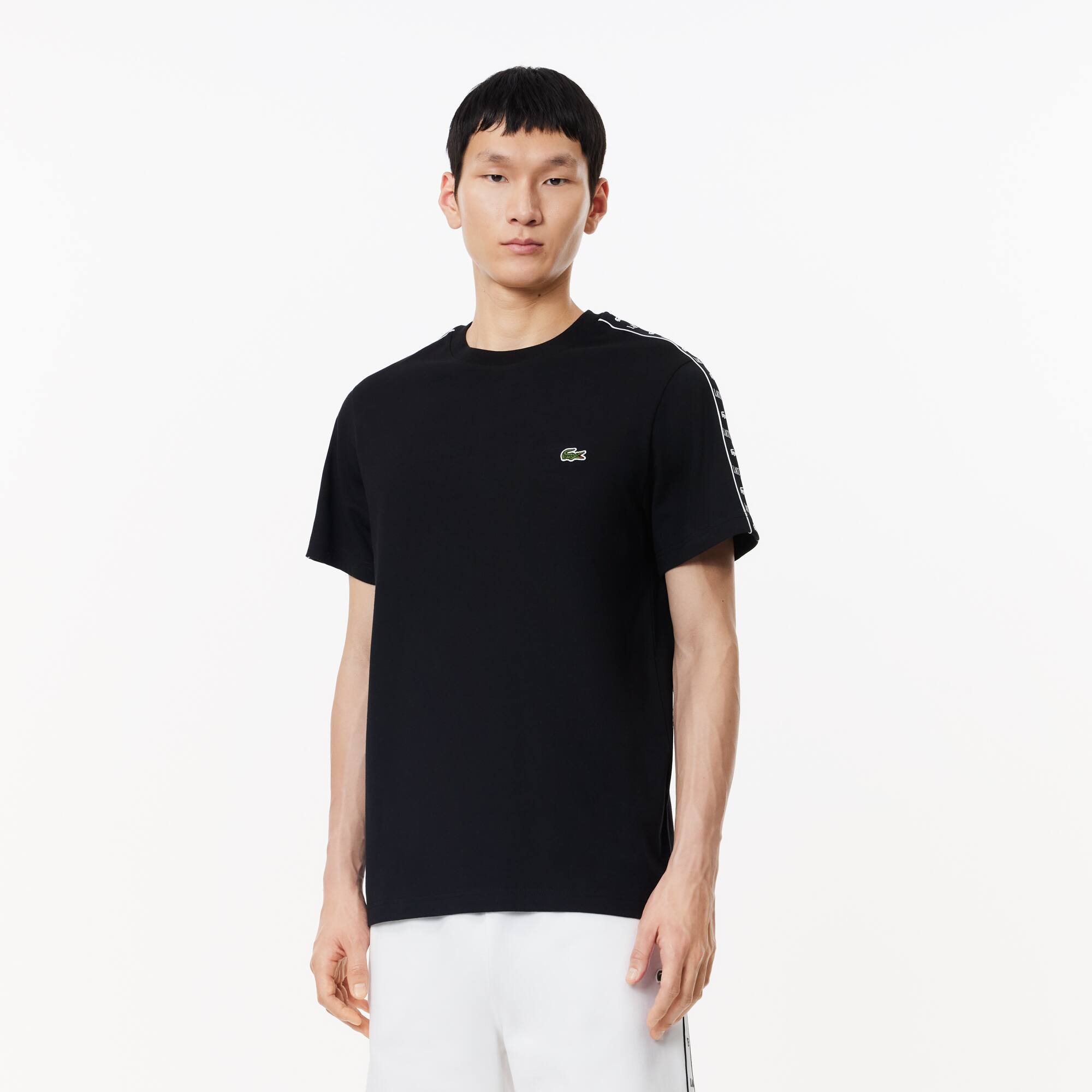 Gestreiftes T-Shirt aus Baumwolljersey mit Logostreifen T-Shirts - Schwarz - Lacoste - Herren