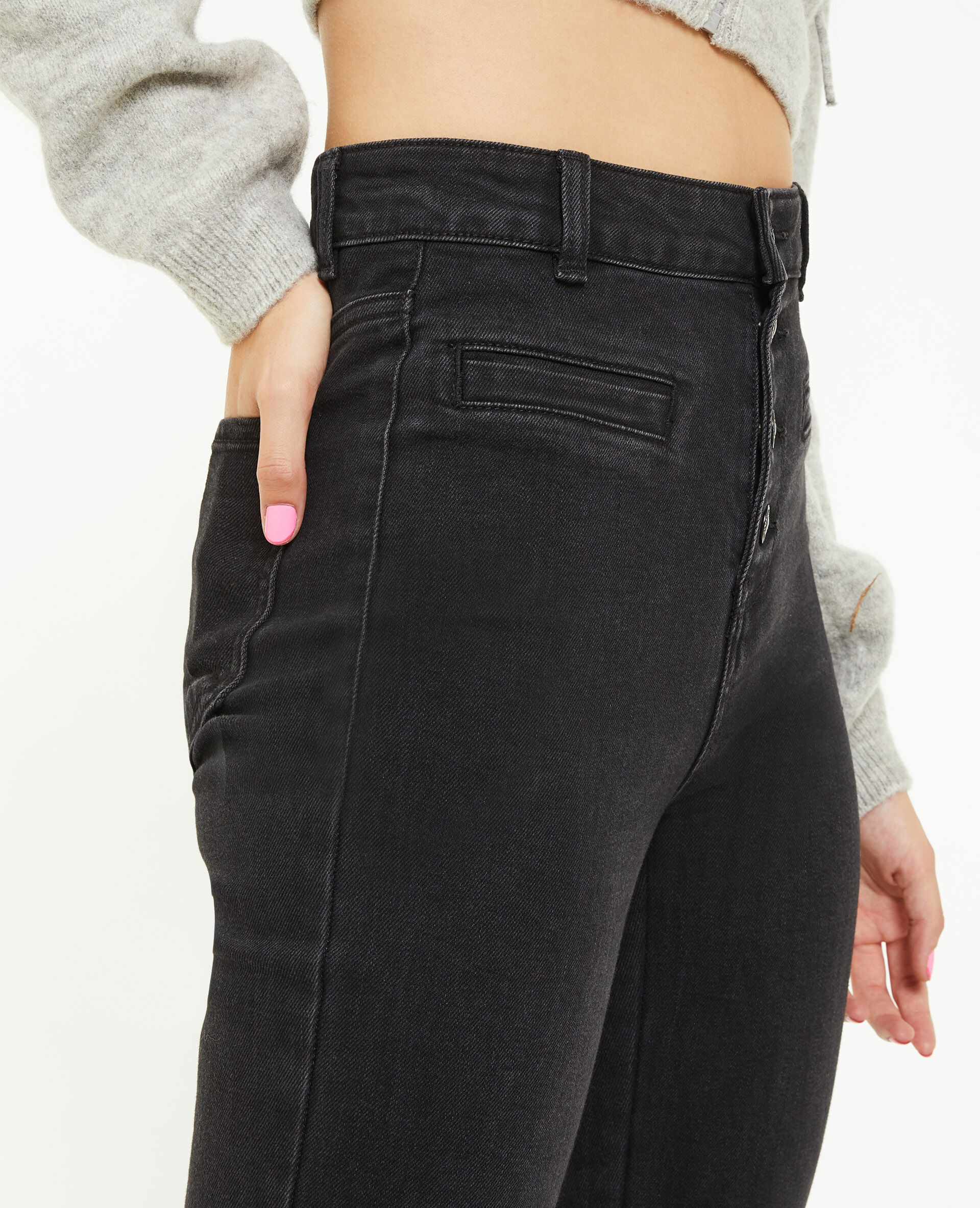 Jean flare taille haute boutons apparents - Noir
