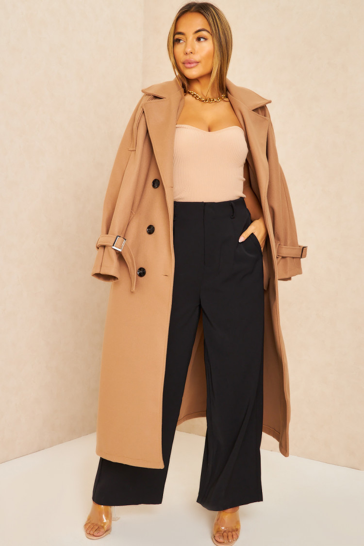 Manteau long duveteux style trench beige foncé