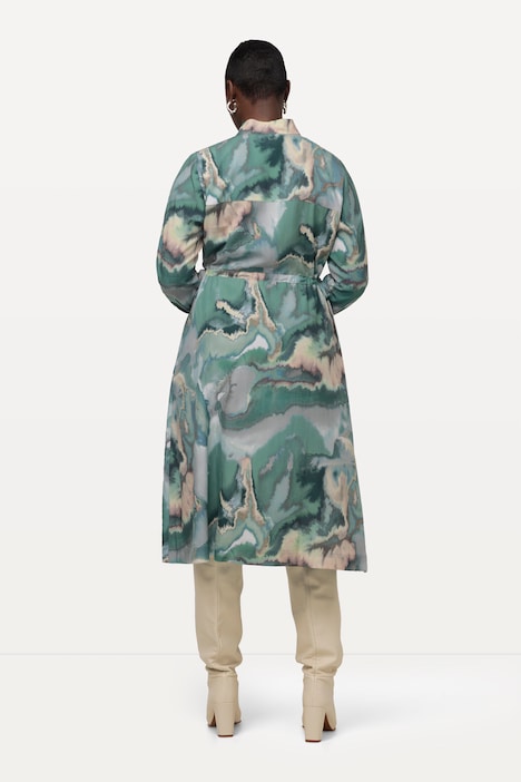 Lyocell-Midikleid, Marmor-Design, Stehkragen, Langarm