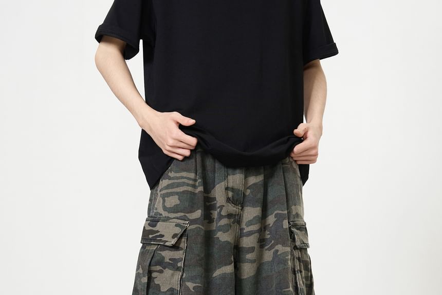 Adotuiastic - Mid Rise Camo Print Washed Wide Leg Cargo Jeans