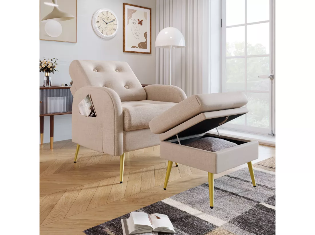 Fauteuil avec repose-pieds - dossier réglable - Beige