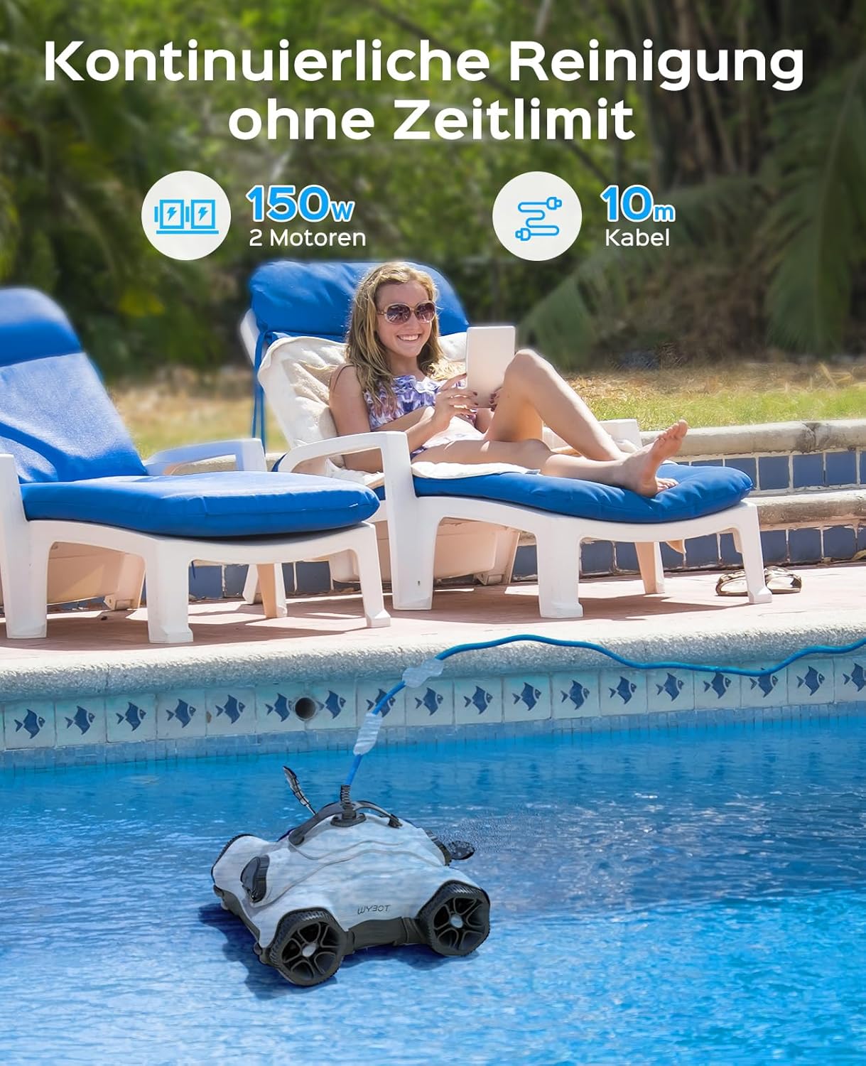 WYBOT Grampus 400 Poolroboter, 150W Super-Saugleistung, 2-Fach Motor, 3 Arbeitszeitoptionen, Einstellbarer Düsenwinkel, Geeignet für Flachbodenpools