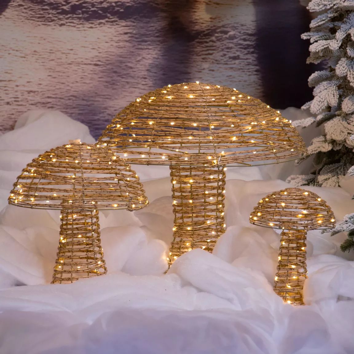 Lot de 3 champignons lumineux 270 Micro LED (H45 cm) Résine tressée Naturel/Blanc chaud
